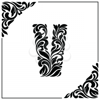 The letter V. Decorative Font with swirls and floral elements. Vintage style