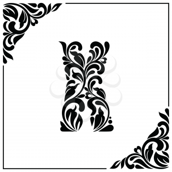 The letter X. Decorative Font with swirls and floral elements. Vintage style