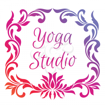 Yoga studio logo. Template of poster with lotus flower and frame of floral elements isolated on white background. 