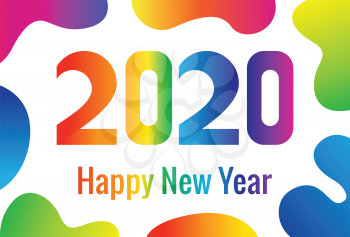 Stylish greeting card. Happy New Year 2020. Rainbow gradient numbers. Abstract background with fluid gradient shapes isolated on white background.