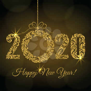 Happy New Year 2020. Decorative Font made of swirls and floral elements. Golden glitter Numbers and Christmas wreath with sparks on a dark background and bokeh.