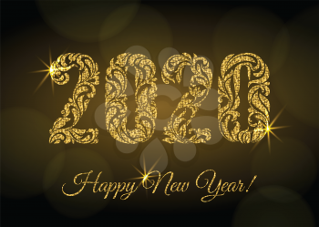 Happy New Year 2020. The figures from a floral ornament with golden glitter and sparks on a dark background with bokeh. Luxury design