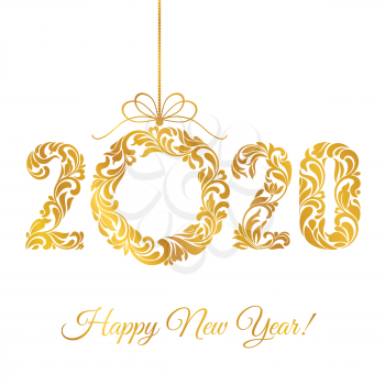 Happy New Year 2020. Decorative Font made of swirls and floral elements. Golden Numbers and Christmas wreath isolated on a white background.