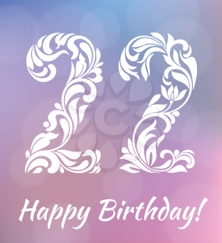 Greeting card template. Celebrating 22 years birthday. Blurred background with bokeh. Decorative Font with swirls and floral elements.