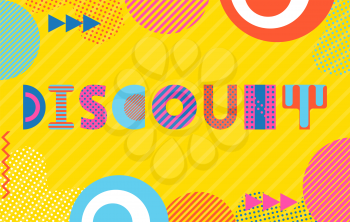 Template for discount card. Trendy geometric font in memphis style of 80s-90s. Background  with abstract geometric elements.
