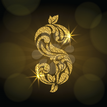 Dollar symbol in the rays and shine. Decorative Font made of swirls and floral elements. Dark background with bokeh