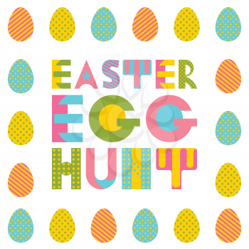 Easter egg hunt. Trendy geometric font in memphis style of 80s-90s. Easter eggs with different geometric ornaments isolated on the white background.