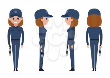 Girl police officer isolated on white background. Traffic controller with a striped rod lowered down. Front, side, back view animated character.