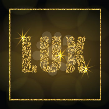Word Lux. Letters  from a floral ornament with golden glitter and sparks on a dark background with bokeh. Luxury design