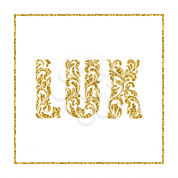 Word Lux. Letters  from a floral ornament with golden glitter isolated on white background. Luxury design