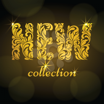New collection. Golden Decorative Font made of swirls and floral elements. Dark background with bokeh. Suitable for banner or poster