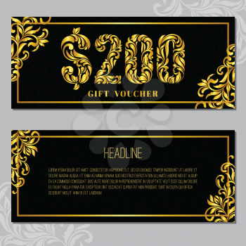 Gift voucher template 200 USD. The inscription created from a floral ornament. Golden Letters on a black background with floral pattern. VIP design.