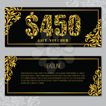 Gift voucher template 450 USD. The inscription created from a floral ornament. Golden Letters on a black background with floral pattern. VIP design.