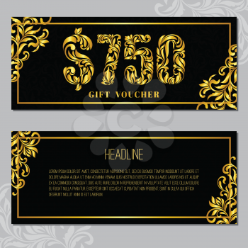 Gift voucher template 750 USD. The inscription created from a floral ornament. Golden Letters on a black background with floral pattern. VIP design.