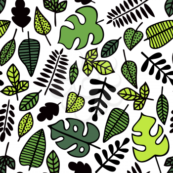 Seamless pattern. Green leaves of various plants isolated on white background. Texture for print, wallpaper, home decor, textile, package design