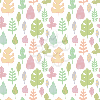 Seamless pattern in pastel colors. Leaves of various plants isolated on white background. Texture for print, wallpaper, home decor, textile, package design
