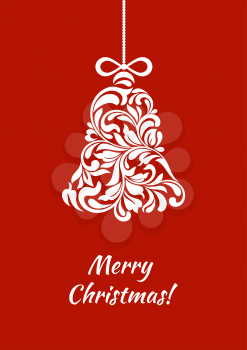 The white Christmas bell made of swirls and floral elements on a red background. Suitable for greeting card, banner, poster