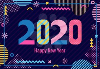 Stylish greeting card. Happy New Year 2020. Trendy geometric font in memphis style of 80s-90s. Digits and abstract geometric shapes on striped dark blue background