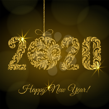 Happy New Year 2020. figures  and Christmas ball from a floral ornament with golden glitter and sparks on a dark background with bokeh. Luxury design