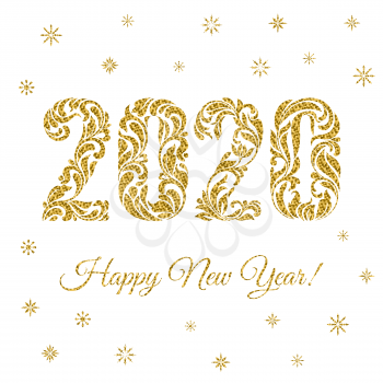 Happy New Year 2020. The figures and snowflakes with golden glitter made in floral ornament isolated on a white background.