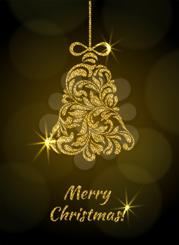 The Christmas bell with sparks and gold glitter from a floral ornament. Dark background with bokeh