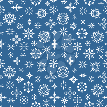 Seamless pattern. Different white snowflakes on a deep blue background. Winter texture for print, wallpaper, home decor, textile, package design, invitation or website background.