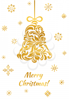 Merry Christmas. Golden Christmas bell from a floral ornament. Christmas bell, snowflakes and text isolated on a white background.