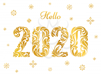 Hello 2020. Snowflakes and golden figures with made in floral ornament isolated on a white background.