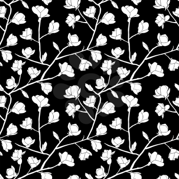 Floral Seamless pattern. White blooming magnolia on a black background.
Texture for web, print, wallpaper, home decor, spring fashion fabric, textile, invitation or website background.
