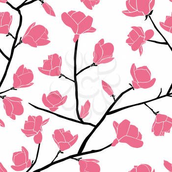 Floral Seamless pattern. Pink blooming magnolia isolated on a white background.
Texture for web, print, wallpaper, home decor, spring fashion fabric, textile, invitation or website background.
