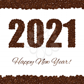 Happy New Year. Figures 2021 created from coffee beans isolated on a white background. Upper and lower bounds of coffee beans