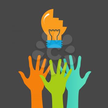 Hands and light bulb. Search ideas. Vector print.