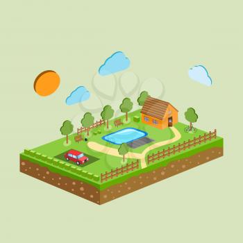 Vector piece of land and sky with objects.