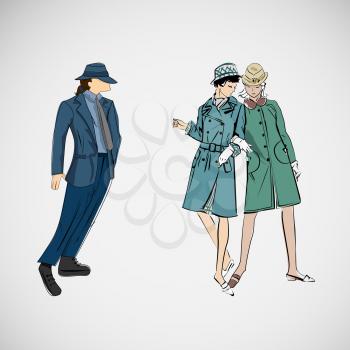 Vector sketch girls and man in fashion clothes.