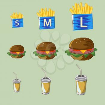 Vector set of fast food drink, burger, fries.