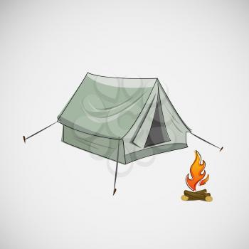 Stock tent and a bonfire on light background.