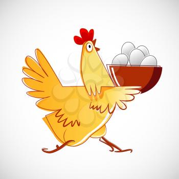 Chicken carries a bowl with the eggs. 