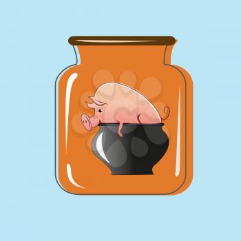 Glass jar with canning pork. Vector design.