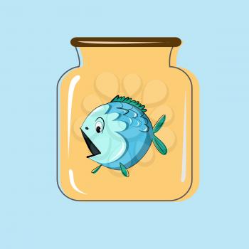 Glass jar with canning fish. Vector design.