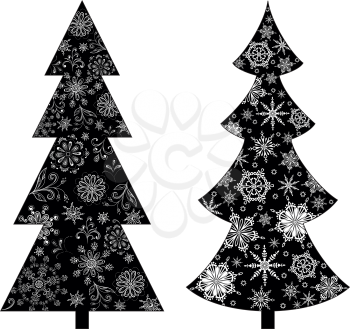 Christmas trees, holiday symbol, black silhouette on white background, with contours snowflakes and flowers. Vector