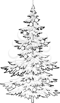 Christmas holiday tree with ornaments: balls and stars, isolated on white background. Vector