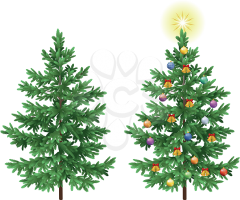 Christmas Holiday Spruce Fir Trees with Ornaments, Balls, Bells and Stars Isolated on White Background. Eps10, Contains Transparencies. Vector