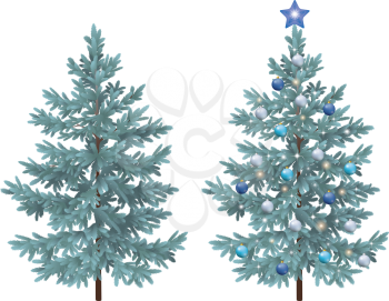 Christmas Holiday Spruce Fir Trees, Natural and with Ornaments, Balls and Star Isolated on White Background. Eps10, Contains Transparencies. Vector