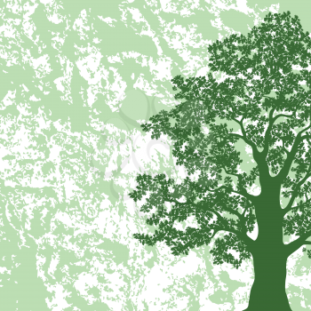 Oak tree with leaves silhouette on abstract green and white background. Vector