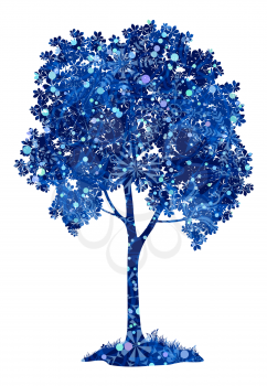 Chestnut blue tree with leaves, grass and snowflakes, a symbol of winter and Christmas, isolated on white background. Eps10, contains transparencies. Vector