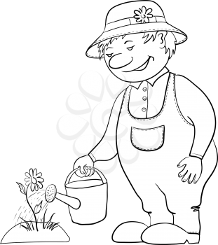 Man gardener waters a bed with a flower from a watering can, contour. Vector