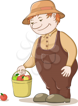 Vector, men gardener with a bucket of ripe delicious apples