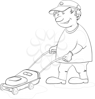 Cartoon Lawn Mower Man Work, Monochrome Contours on White Background. Vector