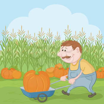 Farmer cartoon man harvest, driven truck with pumpkin. Vector
