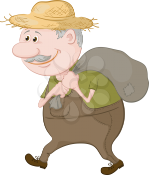 Old man in a straw hat carries a canvas bag. Vector illustration
